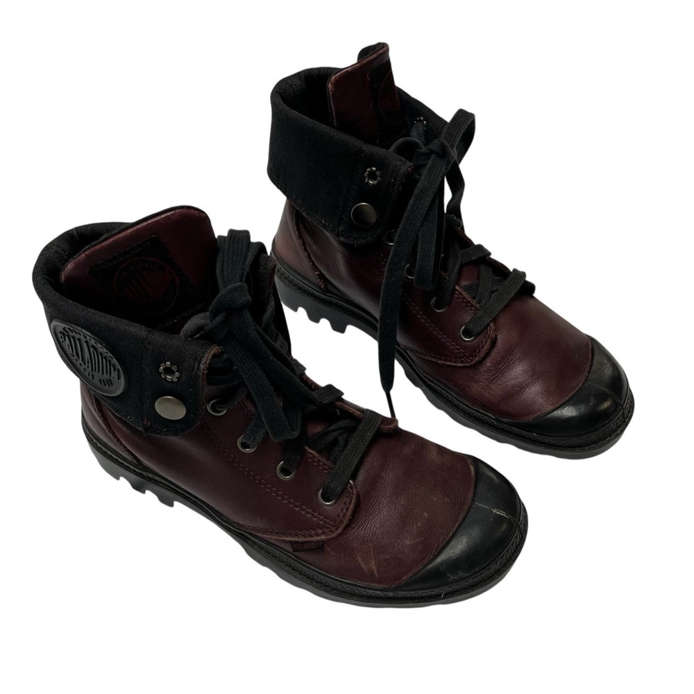 Palladium Boot Burgundy Baggy Leather Lace Up Ankle Fold Over Logo Womens 5.5